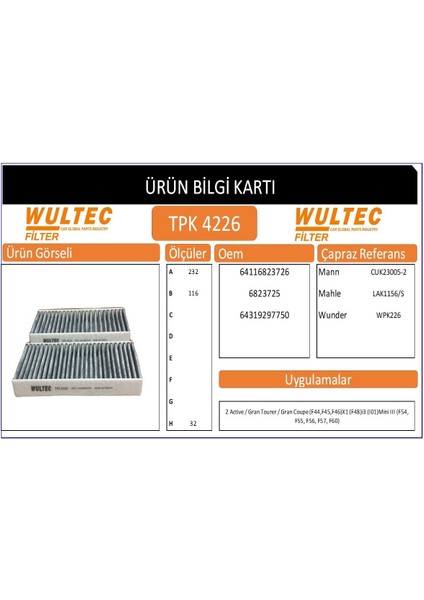 TPK 4226 Bmw 2 F45 214D-216D-218D-218I-220D Uyumlu Polen Filtresi