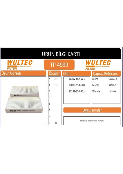 TP 4999 Honda Civic 2002 (Ikılı) Uyumlu Polen Filtresi