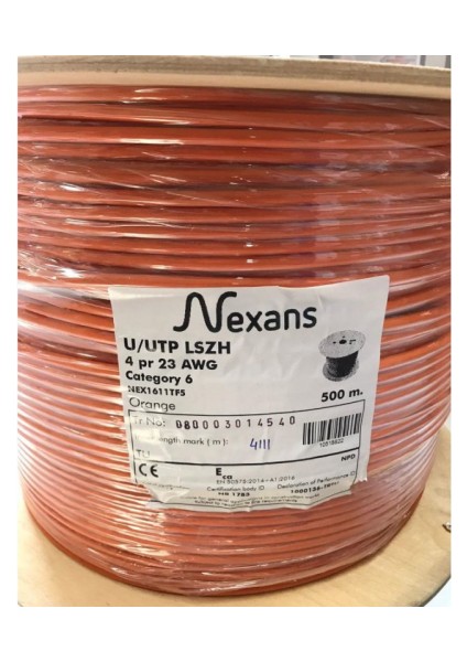 Cat6, 500M, 23AWG (0,58MM), Utp, %100 Bakır, Lszh Halogen Free, Makara, Kablo (Turuncu)