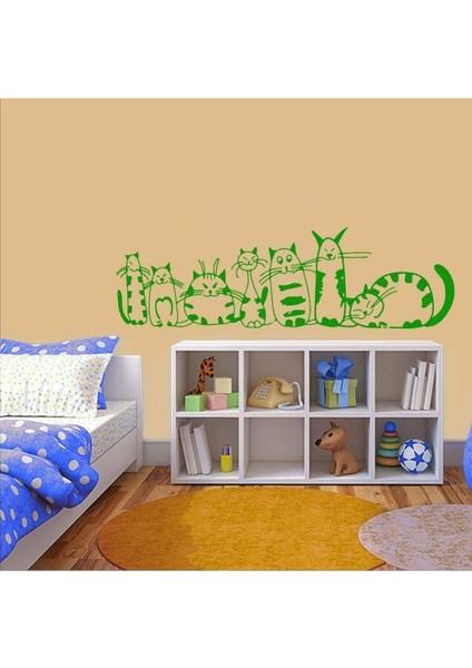 Çok Büyük Boy Sevimli Kedicik Ailesi Dekoratif Duvar Sticker, Çıkartma, Etiket Yeşil