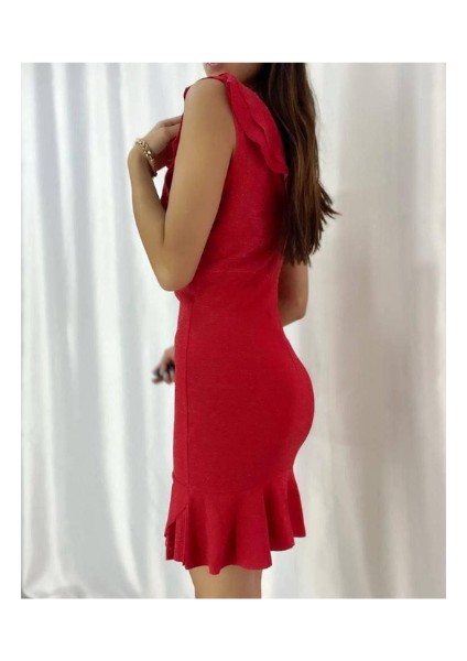 Kırmızı Simli Mini Fırfırlı Elbise
