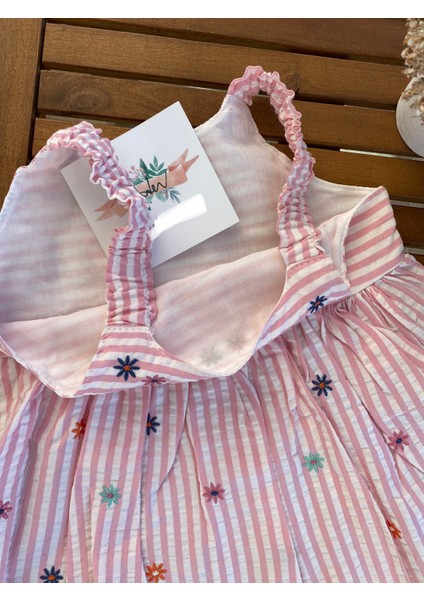 Babyaden Nakışlı Çizgili Pembe Mavi Kız Çocuk Bebek Elbise indirimleri