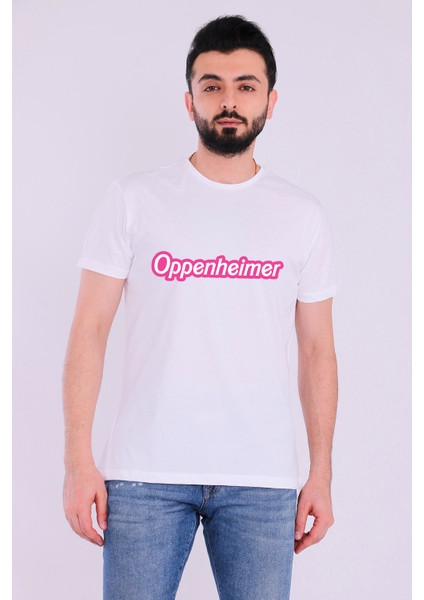 Oppenheimer Barbie Yazılı Beyaz Kısakol Erkek Tshirt