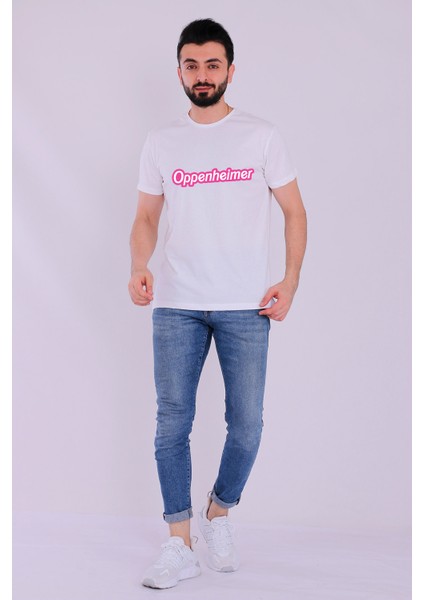 Oppenheimer Barbie Yazılı Beyaz Kısakol Erkek Tshirt