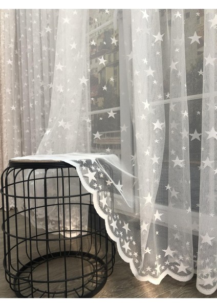 Aleyna Home Taç Yıldızlı Çocuk Odası Tül Perde Kullanıma Hazır 1/2,5 Normal Pile Krem 100 x 200 cm