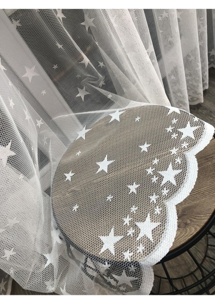 Aleyna Home Taç Yıldızlı Çocuk Odası Tül Perde Kullanıma Hazır 1/2,5 Normal Pile Krem 100 x 200 cm