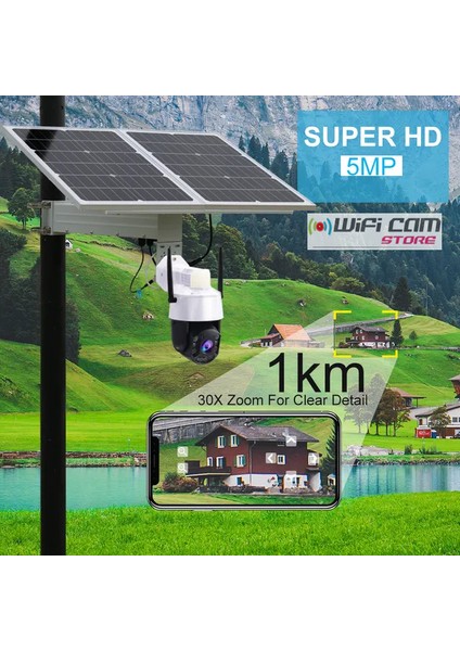 4G Solar Kamera Seti 5MP Yüksek Çözünürlük 30X Optik Zoom 60 Wat Panelli 7/24 Kayıt Alabilen Güneş Enerjili Kamera