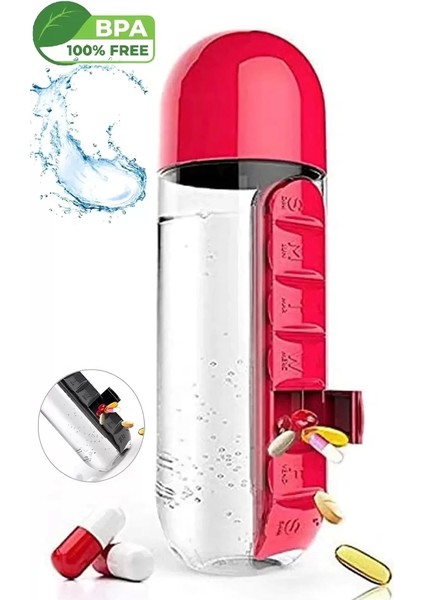 Sızdırmaz Kapaklı Matara Suluk 600ML 7 Günlük Hap Ilaç Kutusu Organizer Sporcu Su Şişesi Bardak