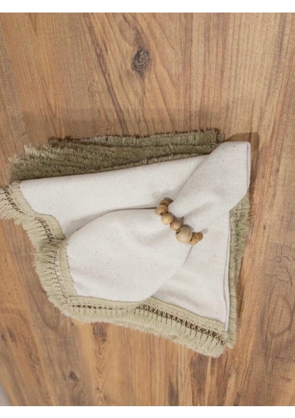 Organik Ham Keten Pasalı Saçaklı 6lı Ahsap Toka Hediyeli 40 x 40 Peçete Takımı