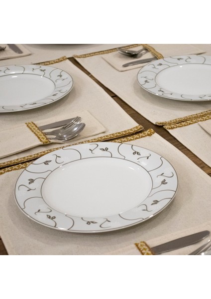 Keten Dokuma Şeritli 6lı Amerikan Servis Seti Kaşıklık Hediyeli 35X55