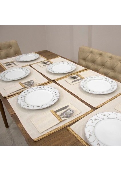 Keten Dokuma Şeritli 6lı Amerikan Servis Seti Kaşıklık Hediyeli 35X55 fiyatları