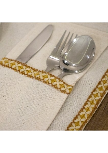 Keten Dokuma Şeritli 6lı Amerikan Servis Seti Kaşıklık Hediyeli 35X55 modelleri