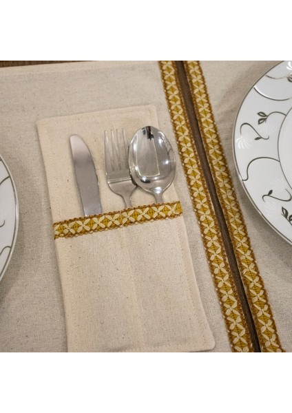 Keten Dokuma Şeritli 6lı Amerikan Servis Seti Kaşıklık Hediyeli 35X55 fırsatları