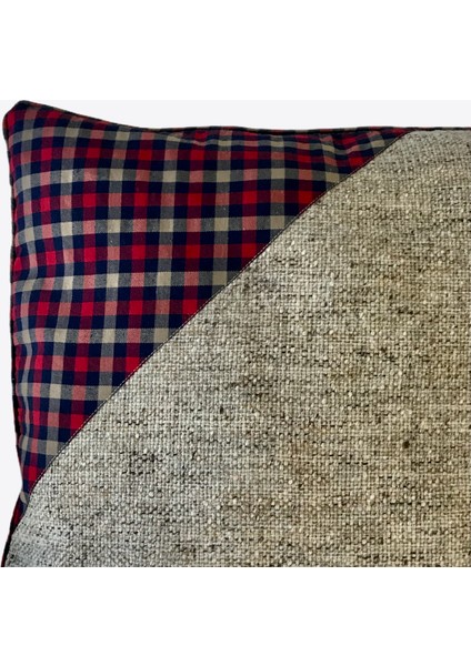 Kırmızı Ekoseli ve Hasır Kumaşlı Kırlent Kılıfı (45X45)