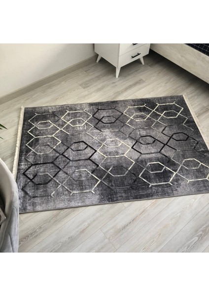 Gri Kilim Geometrik Nakış Işlmeli Dekoratif Kilim