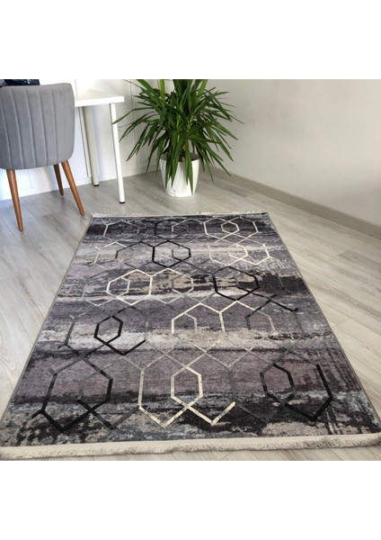 Gri Bej Geçişli Geometik Nakış Kabartmalı Kilim