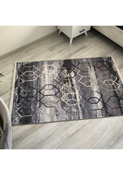 Gri Bej Geçişli Geometik Nakış Kabartmalı Kilim