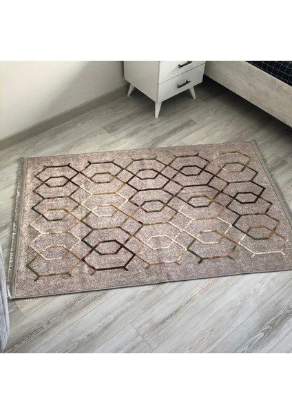 Krem Geometrik Renk Geçişli Nakış Kabartmalı Kilim