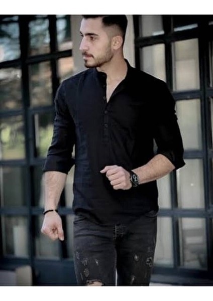 Erkek Siyah Hakim Yaka Keten Slim Fit Gömlek