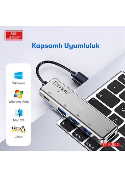 Earldom HUB12 Tak Çalıştır 40CM 4 Adet USB 2.0 ve 1 Adet Type-C Çıkışlı USB Çoklayıcı