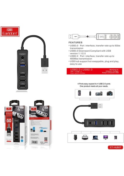 Earldom HUB07 Tak Çalıştır 3 Adet USB 2.0 ve 1 Adet USB 3.0 Çıkışlı USB Çoklayıcı