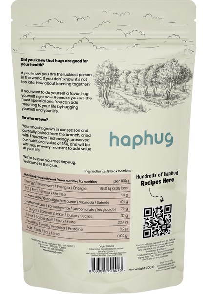 HapHug 10'lu Paket Freeze Dried (Dondurularak Kurutulmuş) Böğürtlen -  Freeze Dry Meyve Kurusu 10x20gr