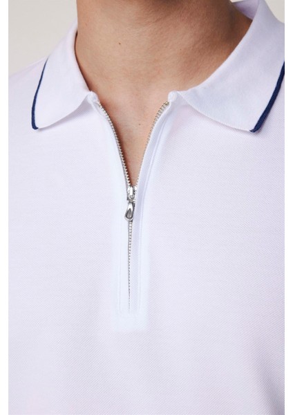 Erkek Polo Yaka Slim Fit Pamuk Fermuarlı Pike Beyaz Tişört modelleri
