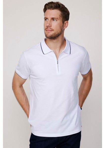 Erkek Polo Yaka Slim Fit Pamuk Fermuarlı Pike Beyaz Tişört