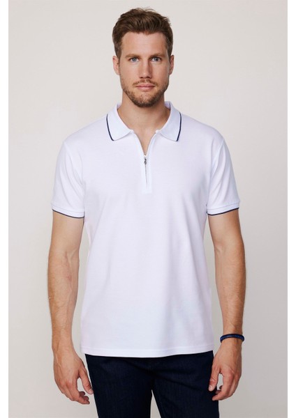 Erkek Polo Yaka Slim Fit Pamuk Fermuarlı Pike Beyaz Tişört fiyatları