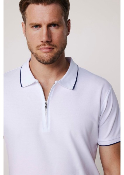Erkek Polo Yaka Slim Fit Pamuk Fermuarlı Pike Beyaz Tişört fırsatları
