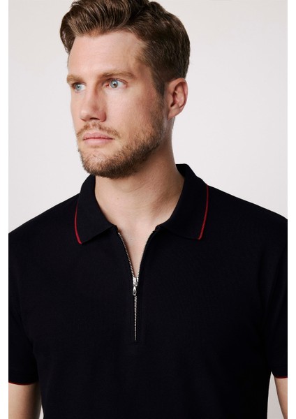 Erkek Polo Yaka Slim Fit Pamuk Fermuarlı Pike Siyah Tişört
