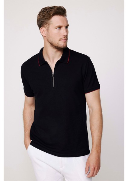 Erkek Polo Yaka Slim Fit Pamuk Fermuarlı Pike Siyah Tişört fiyatları