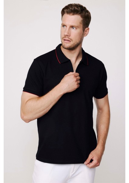 Erkek Polo Yaka Slim Fit Pamuk Fermuarlı Pike Siyah Tişört modelleri