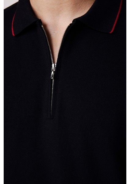 Erkek Polo Yaka Slim Fit Pamuk Fermuarlı Pike Siyah Tişört fırsatları
