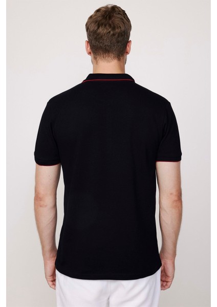 Erkek Polo Yaka Slim Fit Pamuk Fermuarlı Pike Siyah Tişört indirimleri