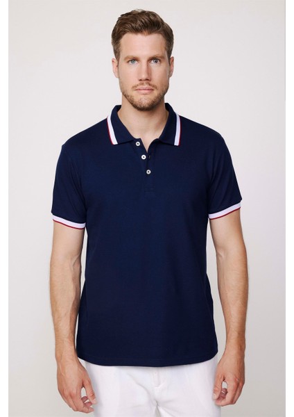 Erkek Polo Yaka Slim Fit Yaka ve Kol Şeritli Pike Lacivert Tişört fiyatları