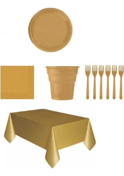 Gold Renk Plastik Tabak, Bardak, Çatal, Peçete ve Tek Kullanımlık Masa Örtüsü Seti