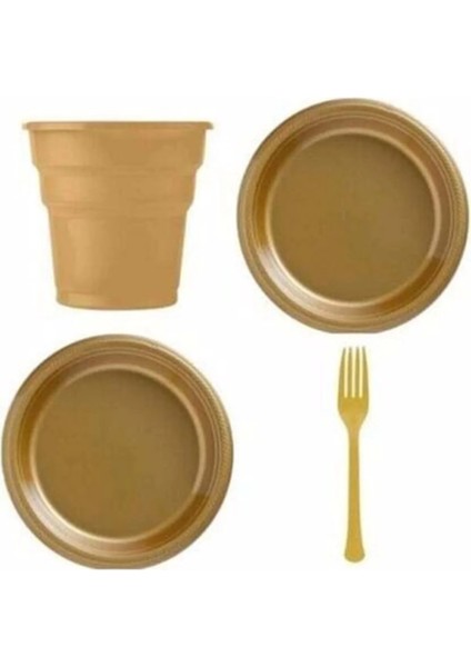 Gold Renk Plastik Tabak, Bardak, Çatal Seti Parti Piknik Seti