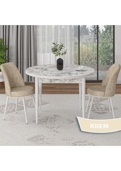 Concept Tor Serisi Yuvarlak Beyaz Mermer Desen Mutfak Masa Takımı ve 2 Sandalye