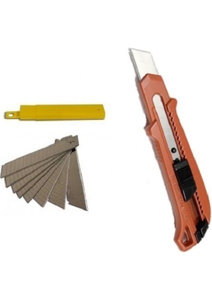 1 Adet Metal Kalın 18 mm Maket Bıçağı ve 10 Adet Kalın Maket Bıçağı Ucu Geniş Falçata