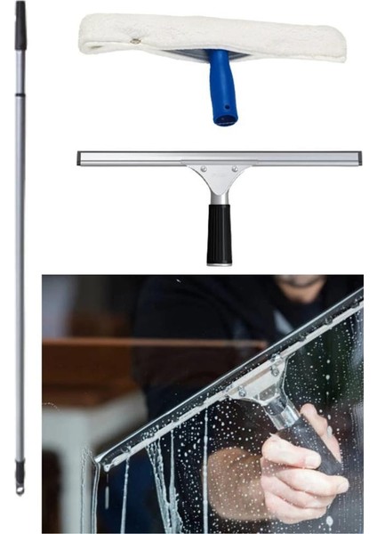 Full Cam Yıkama Silme Seti 3 Metre Uzatmalı Teleskobik Sap 45CM Mikrofiber Peluş Metal Cam Çekpası