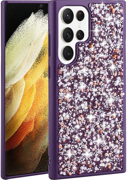 Samsung Galaxy S23 Ultra Kılıf Parıldayan Taşlı Tasarım Linea Kapak Derin Mor