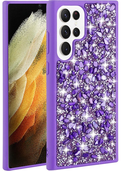 Samsung Galaxy S23 Ultra Kılıf Parıldayan Taşlı Tasarım Linea Kapak Mor
