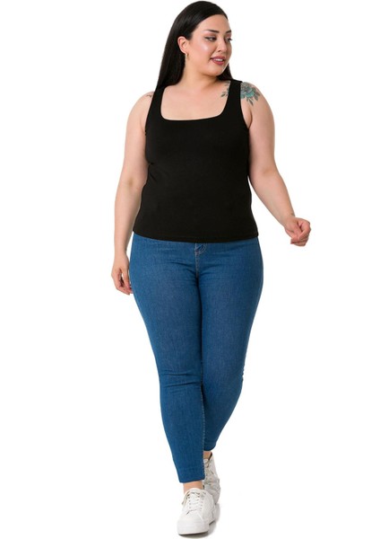 Büyük Beden Askılı Yarım Astarlı Viskon Siyah Body