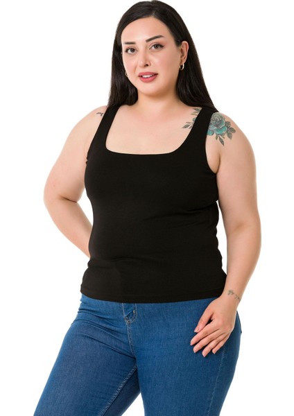 Büyük Beden Askılı Yarım Astarlı Viskon Siyah Body