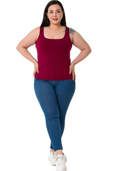Büyük Beden Askılı Yarım Astarlı Viskon Bordo Body