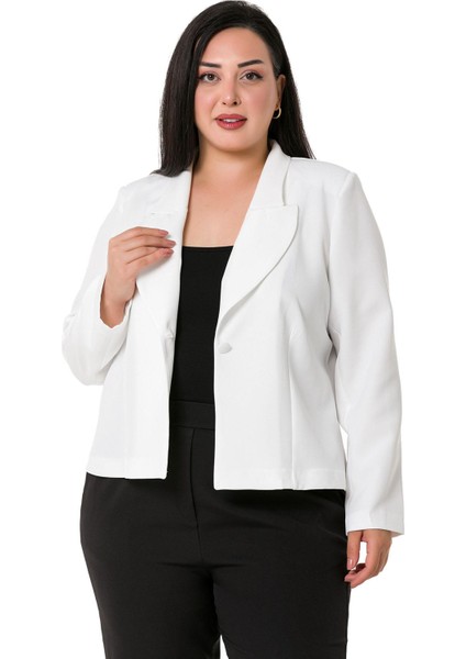 Büyük Beden Yaka Detaylı Vatkalı Astarsız Kısa Beyaz Ceket