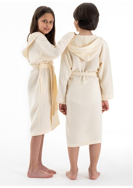 Kapşonlu Müslin Çocuk Bornoz Ekru 9/10 Yaş fiyatları