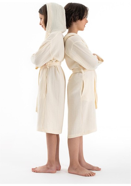 Kapşonlu Müslin Çocuk Bornoz Ekru 9/10 Yaş modelleri