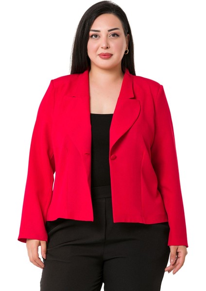 Büyük Beden Yaka Detaylı Vatkalı Astarsız Kısa Kırmızı Ceket